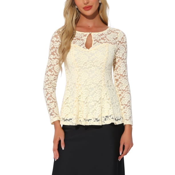 INSPIRAR CHIC Blusa de Mujer con Encaje y Abertura Frontal, dobladillo Peplum, Manga Larga Transparente, Talla L, Color Albaricoque