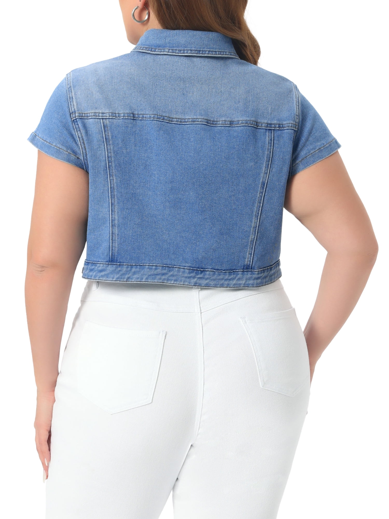 DARING DIVA Women's Plus Button Down Cap Sleeve Cropped Jacket 3X Light Blue