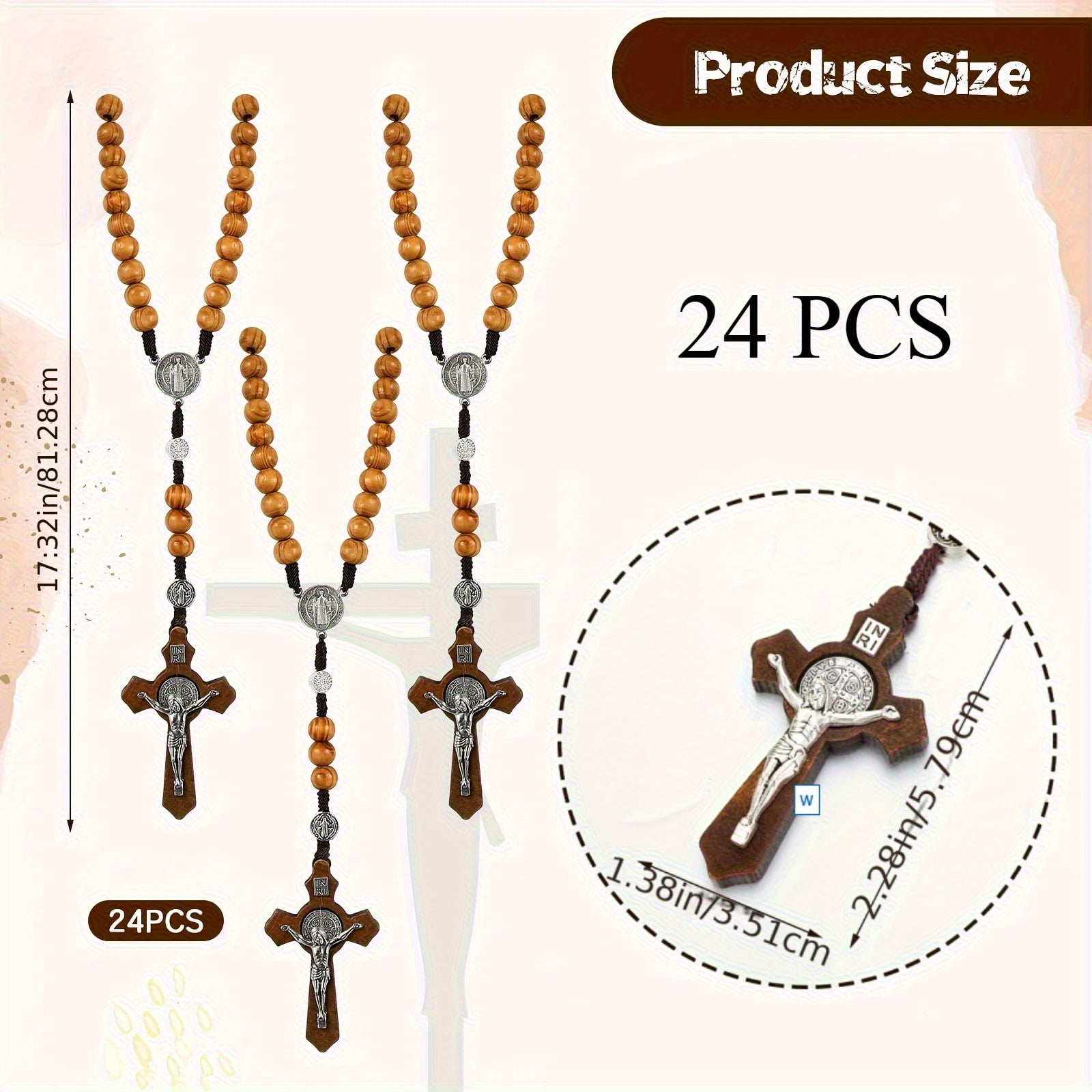24Pcs Wooden Rosary Necklaces, Solid Wood Carved Rosary Beads Featuring "Our Father" Element, Bulk Rosaries for Baptism Favors, Church Events, Faith-Based Gifts, Rosarios Para Recuerdos
