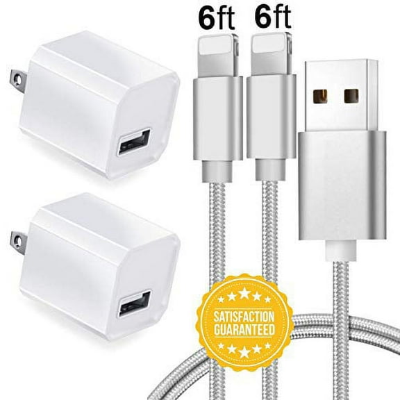 Chargers 5V USB Power Adapter Wall Charger 1A Port Travel Plug with 2 Pack 6FT 2M Cable Charger Wire Data Sync Charging Cord Compatible for Phone 8 / X / 7 / 6S / SE Plus   More, Silver