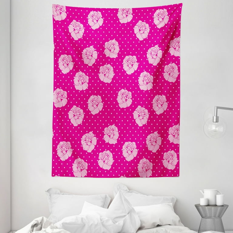 Hot Pink Tapestry Vintage Pale Pink Roses on White Dotted Hot Pink Background Love Wall Hanging for Bedroom Living Room Dorm Decor 60W X 80L