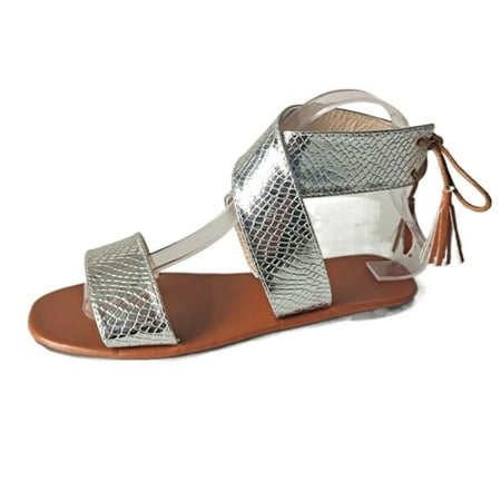 

Summer Tassel Sandals PU Material Retro Open Toes Shoes for Girls Going Beach Vacation Silver 37
