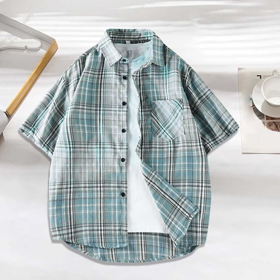Jessboyy Men's Big and Tall Button Down Shirts for Men Trendy Plaid Short Sleeve Shirt with Pockets Business Casual Work Shirt Summer Blue XXXL