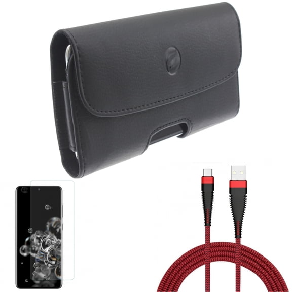 Screen Protector w Case Belt Clip w 10ft USB Cable for Samsung Galaxy S20 Ultra - Tempered Glass [Fingerprint Unlock] 3D Curved Edge, Leather Holster Cover, Type-C Charger Cord fits Galaxy S20 Ultra