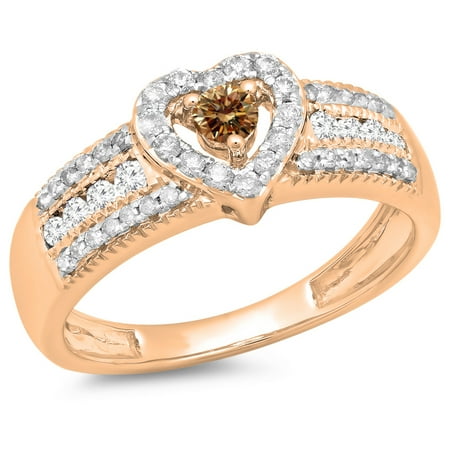 0.55 Carat (ctw) 14K Rose Gold Round Cut Champagne & White Diamond Ladies Bridal Heart Shaped Promise Engagement Ring 1