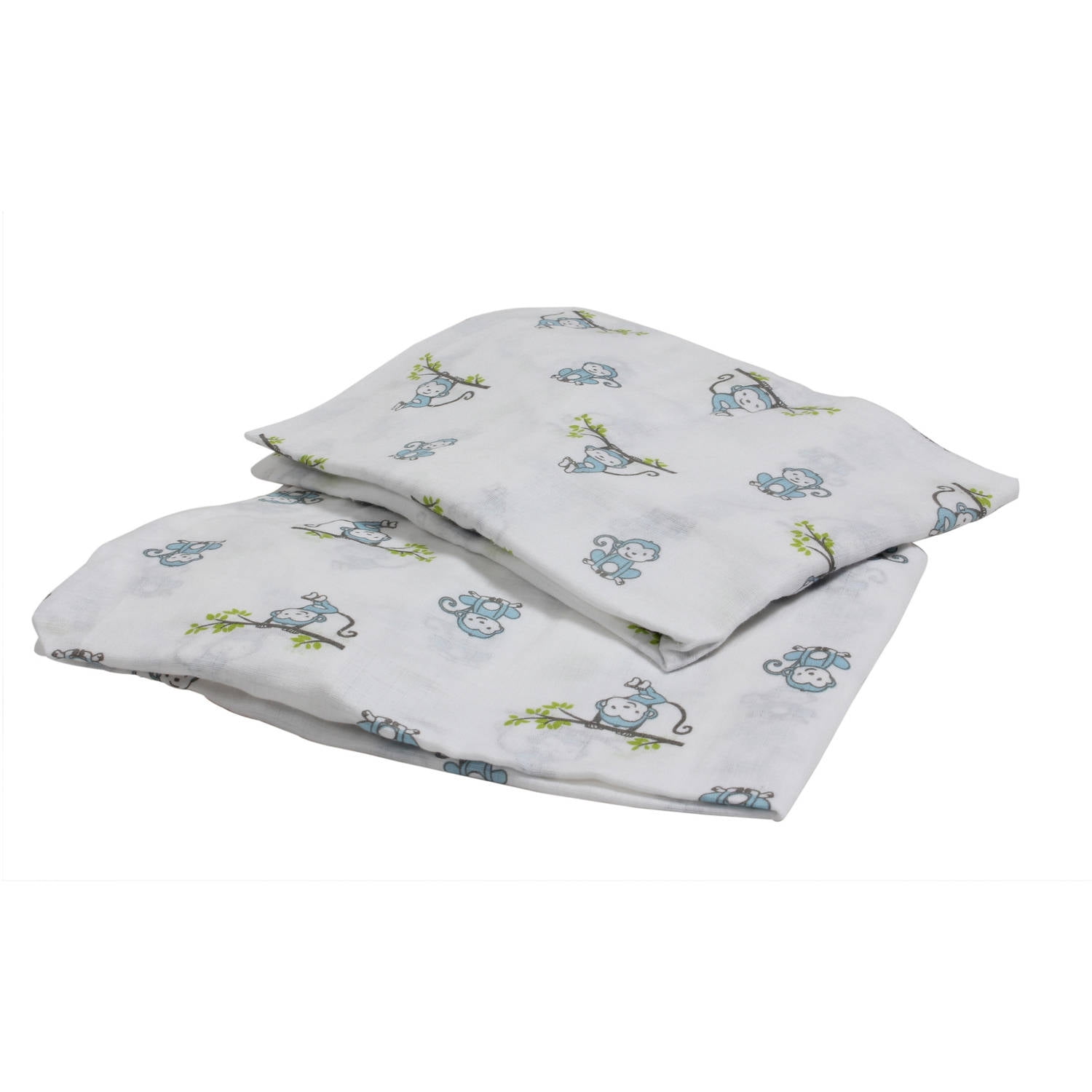 Bacati - Happy Monkeys Crib/Toddler Bed Fitted Sheets 100% Cotton Muslin 2 Pack, Blue