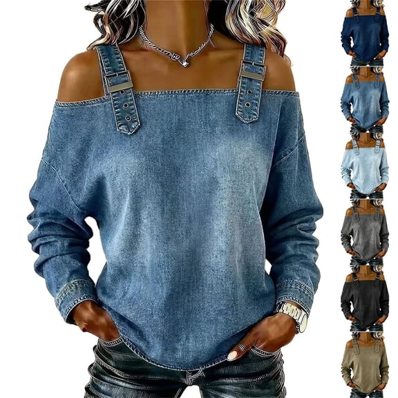 Endives Women's Denim Shirt Retro Off Shoulder Long Sleeved Shoulder Wide Strap Slim Fashion Shirts Khaki