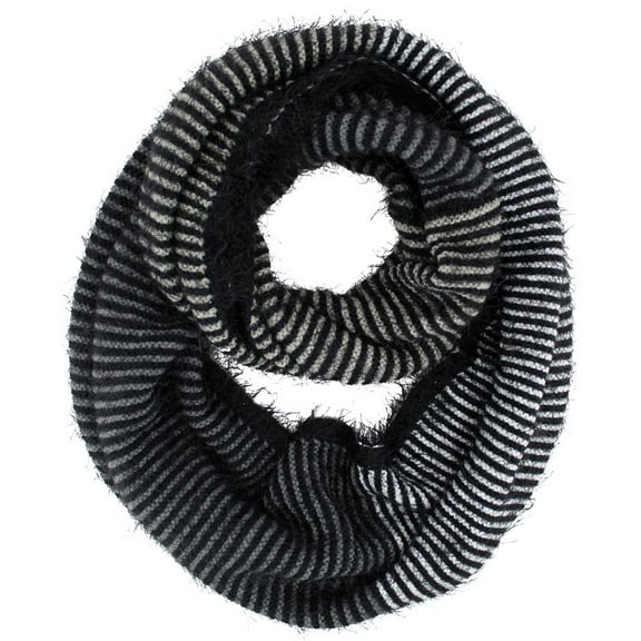 Black & White Striped Fuzzy Eyelash Knit Unisex Winter Infinity Scarf
