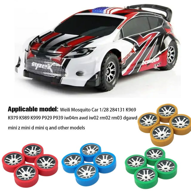Ruiboury 4x Racing Tire Metal Wheel Rim For 1/28 Wltoys K969 Metal Upgraded Racing Wheels Pattern Soft Tire RC Wheel Tires red 1Set