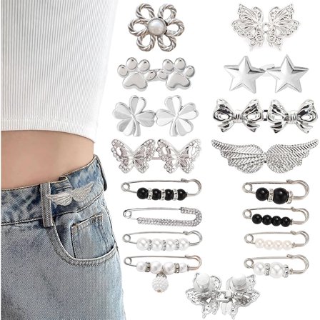 Januofit Pant Waist Tightener, 8 Styles Adjustable Silvery Buttons Pins for Loose Jeans Reusable Waist Tightener for Pants Women Metal Butterfly Brooch for Clothing Dresses Skirts
