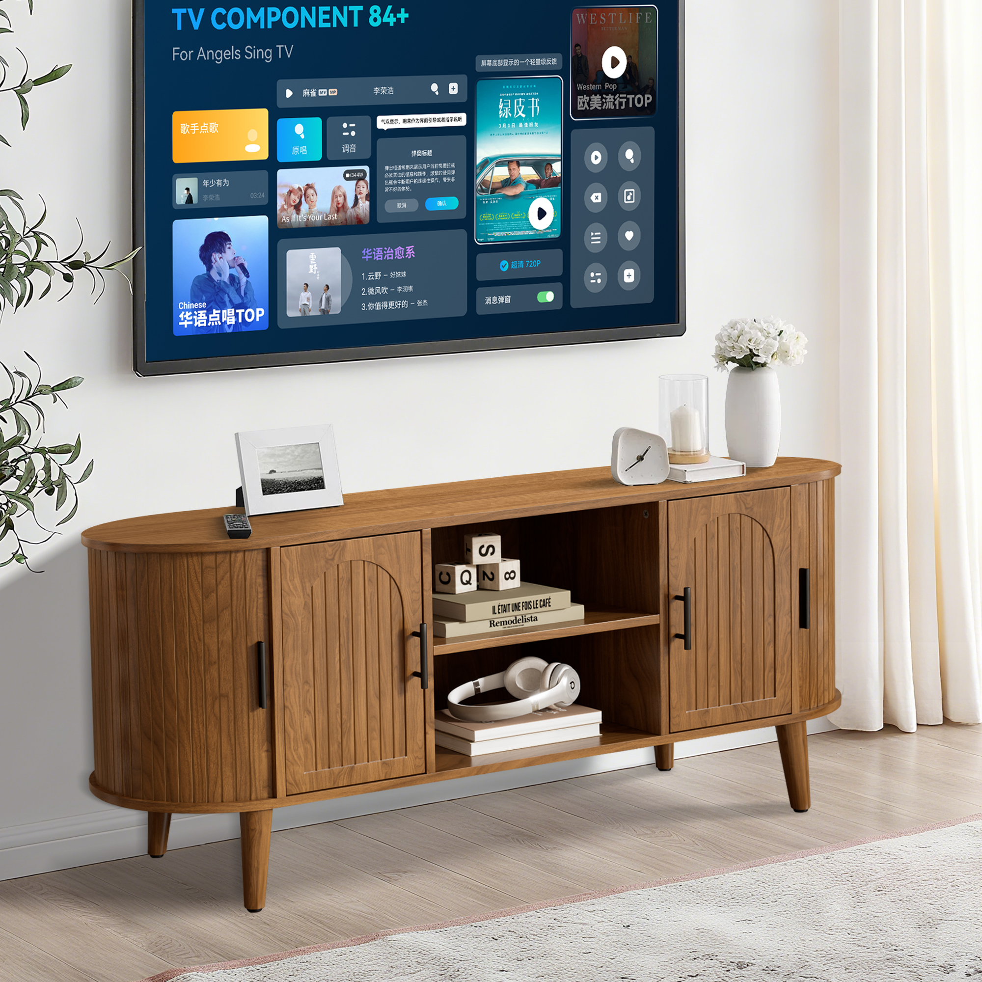 51" TV Stand for Tvs up to 60", Mid Century Modern Fluted Entertainment Center with Fluted Doors, Media Console for Living Room Bedroom, Walnut