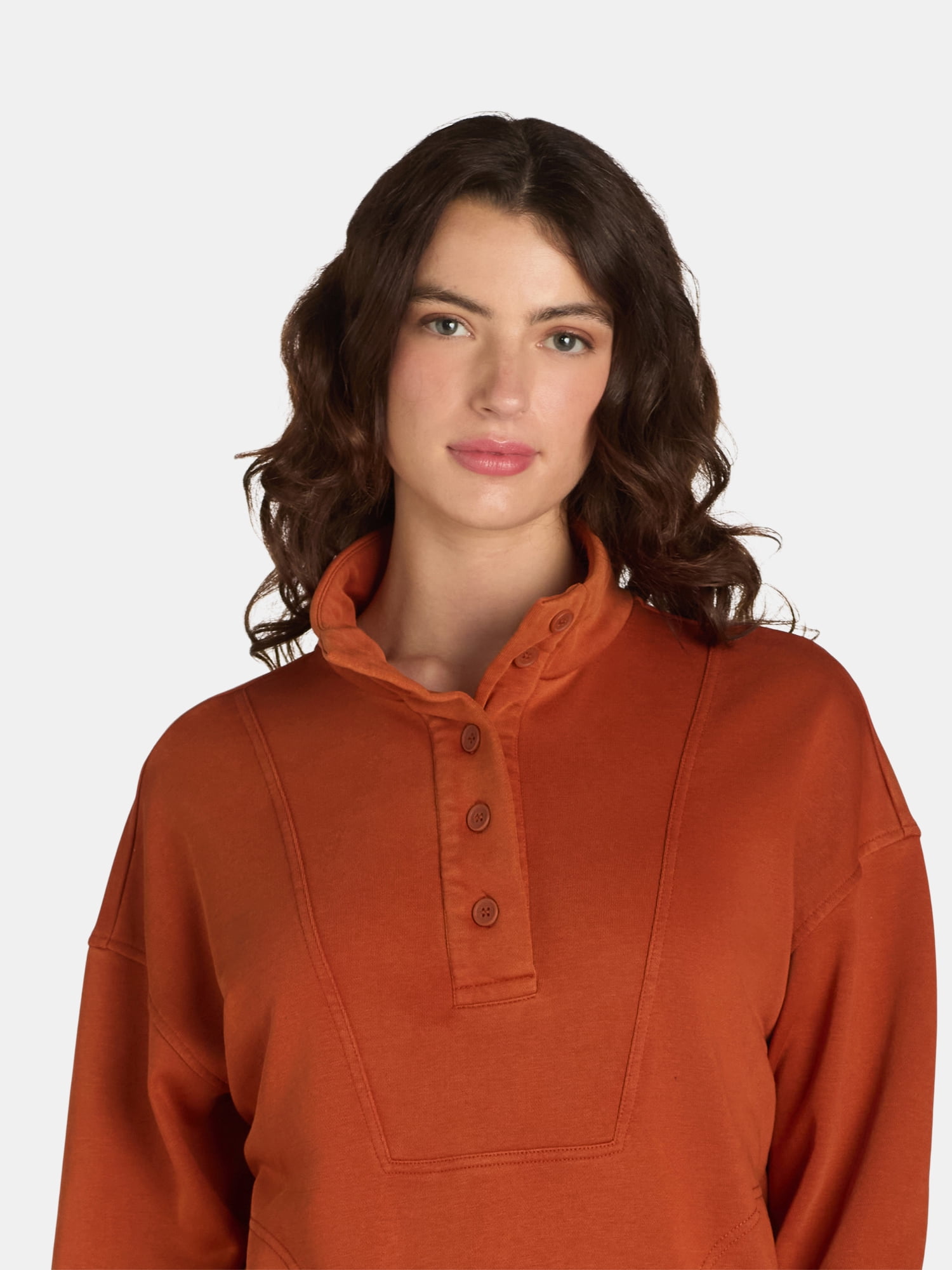 Time and Tru Women's Mock Neck Sweatshirt with Button Placket, Sizes XS-XXXL