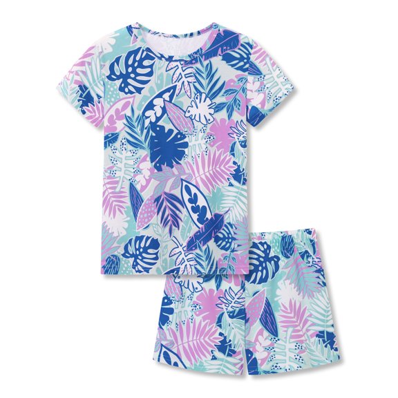 Topgal Girls Pajamas 2-Piece Set - Blue Purple Tropical Leaf Print Sleepwear Short Sleeve Loungewear Set Size 10