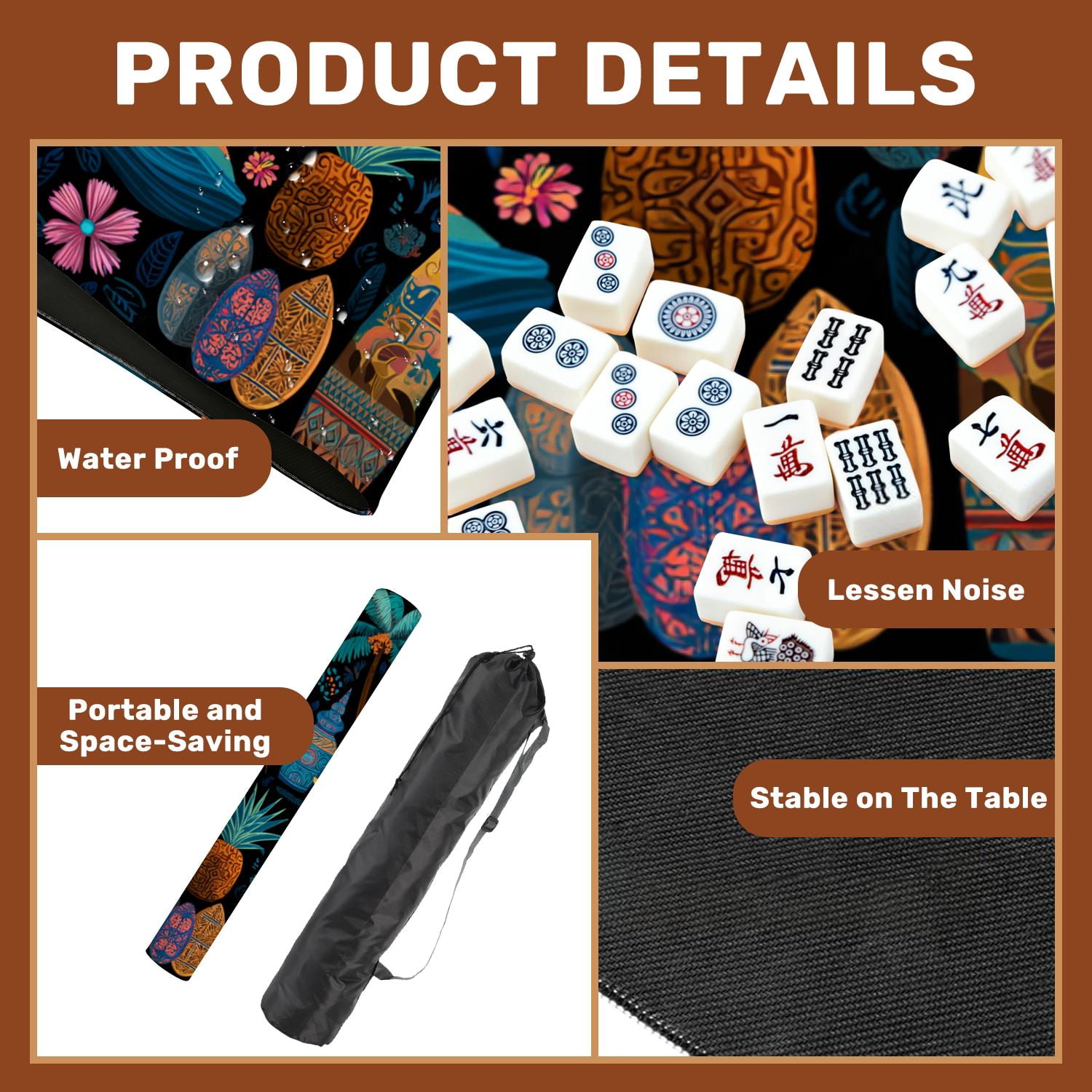 Mahjong Mat 31.5" x 31.5" seamless retro exotic brown Non-Slip Noise Reduction American Mahjong Tiles Table Cover for Dominoes Poker Card Board Games Gift