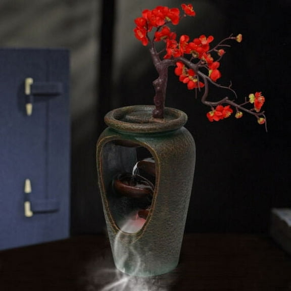 Flower Vase Waterfall Fountain Tabletop LED Indoor Water Fountain FengShui Decor