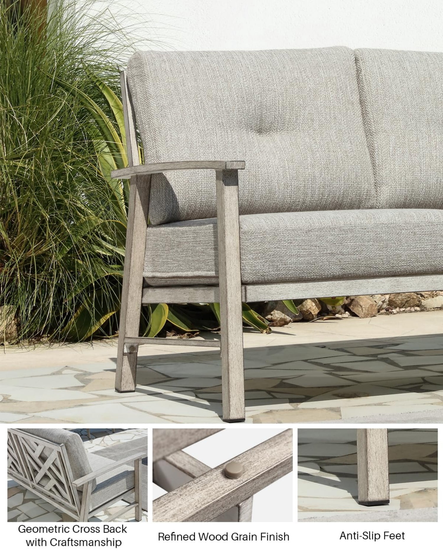3-Seater Outdoor Patio Sofa, Aluminum Outdoor Couch with 5.9" Thick Cushions, All-Weather Patio Furniture Sofa for Backyard, Balcony, Poolside, Lawn, Silver Gray