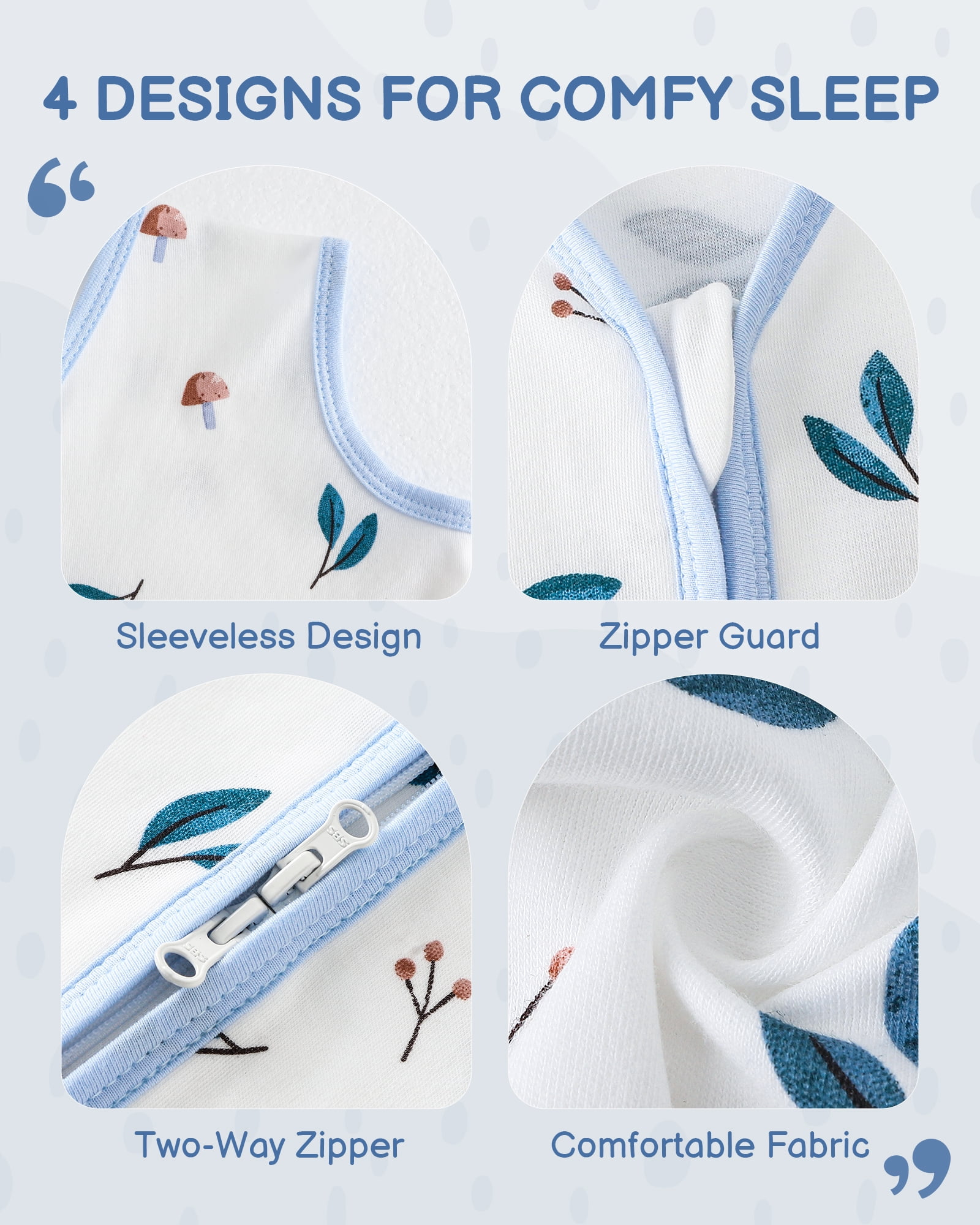 Baby Sleep Sack 0-6 Months, 100% Organic Cotton Wearable Blanket for Babies, 2-Way Zipper TOG 0.5 Lightweight Breathable Baby Sleeping Bag, 4 Sizes-S Animal&Plant&White