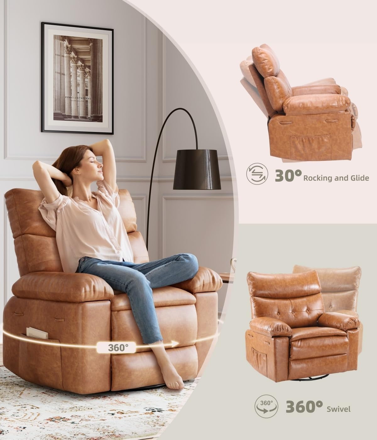 Oversized Recliner Chairs with Massage and Heat - 360° Swivel Lazy Rocking Chair for Adults with Remote Control for Living Rooms, Bedrooms and Nurseries - Coffee