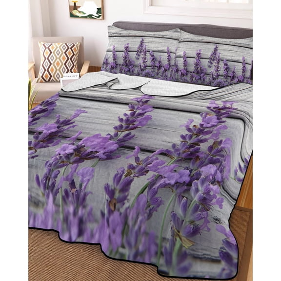 Spring Lavender Queen Size Down Alternative Comforter,Lightweight Comforter Quilt Bedding Set with Pillow Shams Botanical Purple Floral Vintage Wood Grain Bed Comforter Duvet Insert 90"x96"
