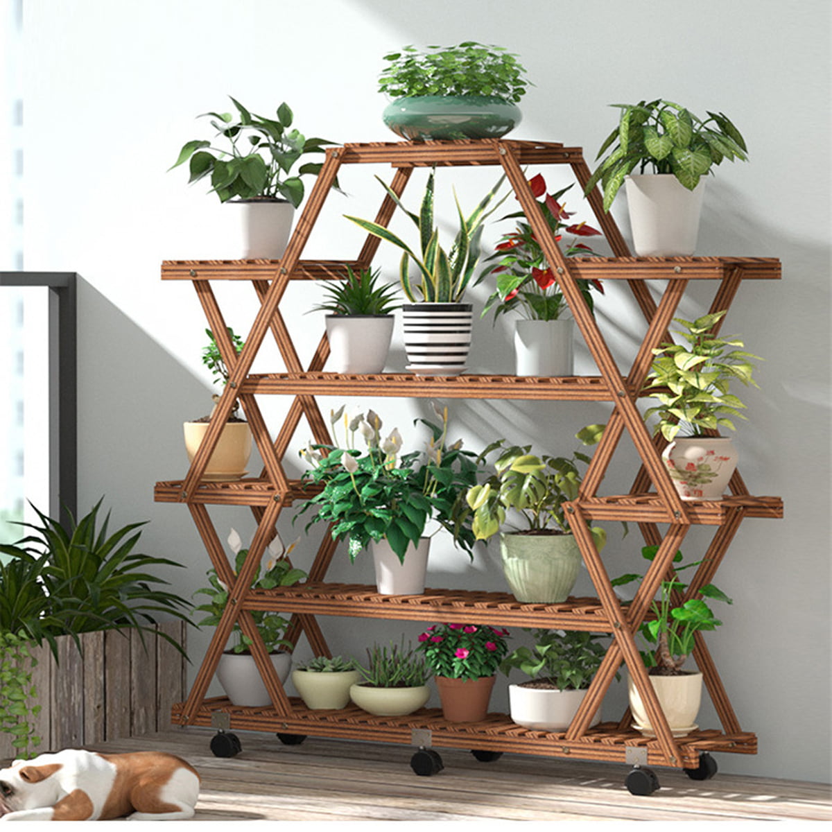 Extra Large Wood Plant Stand Flower Steady Rolling Carbonized Rack Outdoor Yard