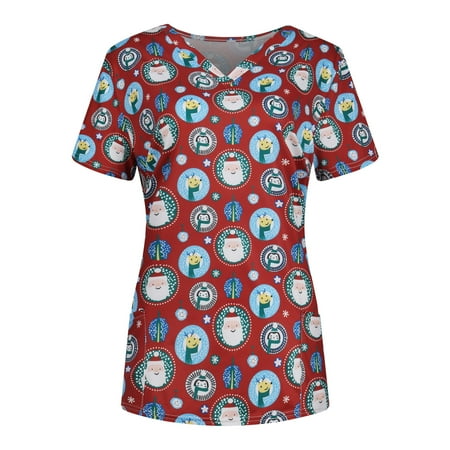 

Women Scrub_Top Working Uniform Blouse Short Sleeve V-Neck Workwear T-Shirt with Pocket Comfy Tops XXL