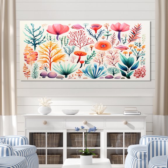 Designart "Watercolor Coastal Coral II" Extra Large Animals Wall Art - Coastal Coral Coastal Coral Under Water Entryway Wall Art