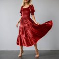 thumbnail image 2 of DHFJKG Womens Square Neckline Dresses Puff Short Sleeve Smocked Waist Cami Long Dress Velvet Solid Color Tiered Maxi Stylish Dresses, 2 of 5