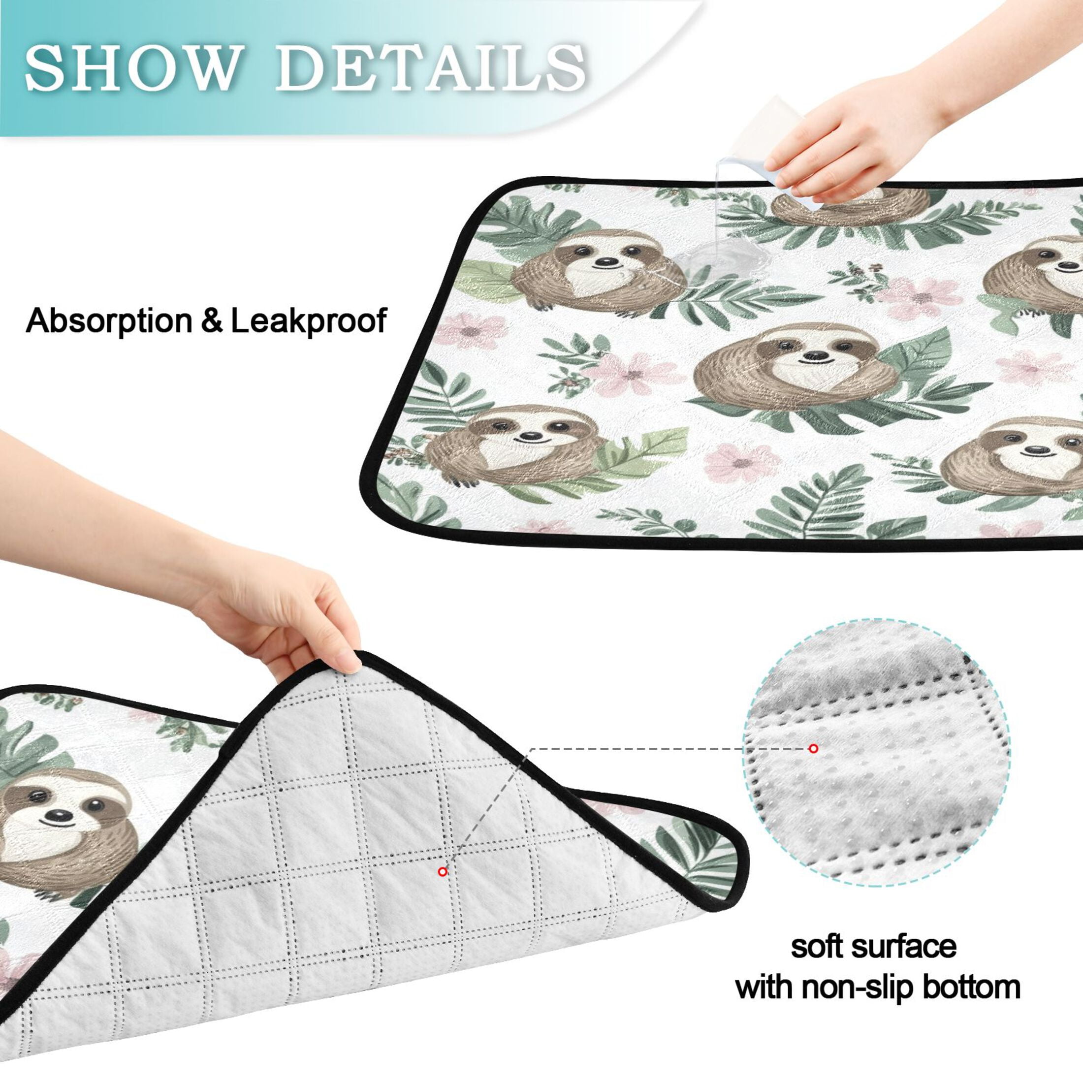 Qxltty Cute Cartoon Sloth Pattern with Tropical Leaves Cat litter Pads Pet Set of 2 Diaper Mats Center Anti-leakage Layer Absorbent Soft and Comfortable