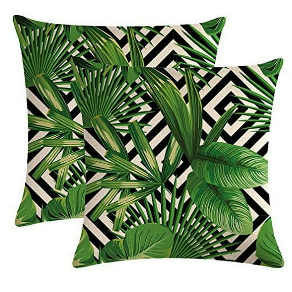 ULOVE LOVE YOURSELF 2Pack Tropical Green Leaves Throw Pillow Cover with Geometric Background Home Decorative Square Cushion Covers Cotton Linen Home Decor Palm Pillowcase 18 X 18 Inch(Palm Tree)