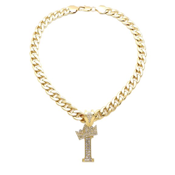 iJewelry2 Kings and Queens Crowned Initial Letter I Crystals Pendant Gold-tone Cuban Linked Chain Necklace