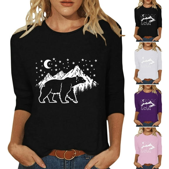 CYMMPU Tunic Tops 3/4 Sleeve Spring Tops Loose Fit Blouses for Women Dressy Casual Flower Pattern Crew Neck Summer Fashion Shirts Lightweight Basic T-Shirts XL