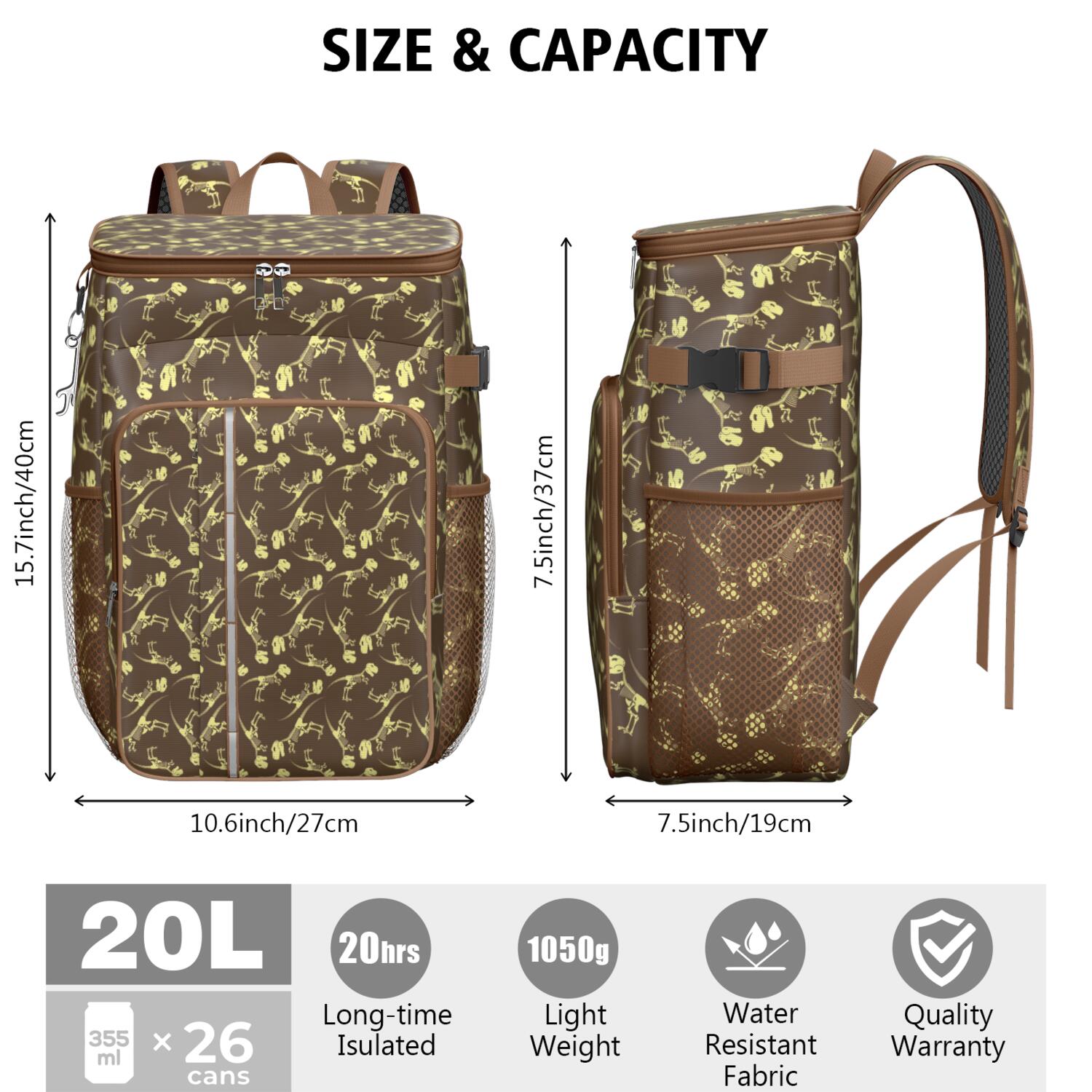 Travel Cooler Bag - Brown Yellow Dinosaurs Fossils Pattern Camping Beer Cooler Backpack with Bottle Opener- Waterproof Insulated Picnic Backpacks - Cooler Bag for Beach