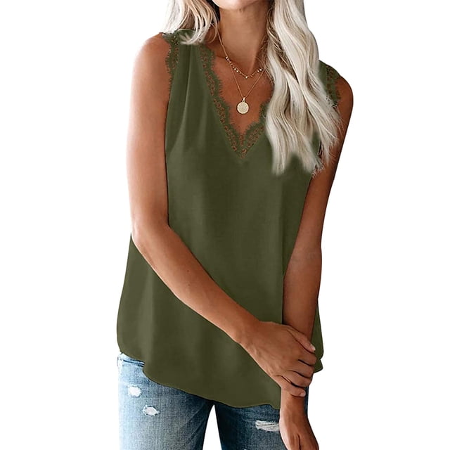 Qarigey Blusa de color sólido sin mangas con cuello en V y empalme de encaje para mujer Prendas para la parte del cuerpo ejercito verde L Qarigey AP001334-18