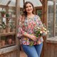 thumbnail image 2 of Blusas florales de talla grande para mujeres Agnes Orinda, con escote en V, volantes, mangas 3/4, estilo babydoll y peplum, 3X, naranja y negro, 2 of 8