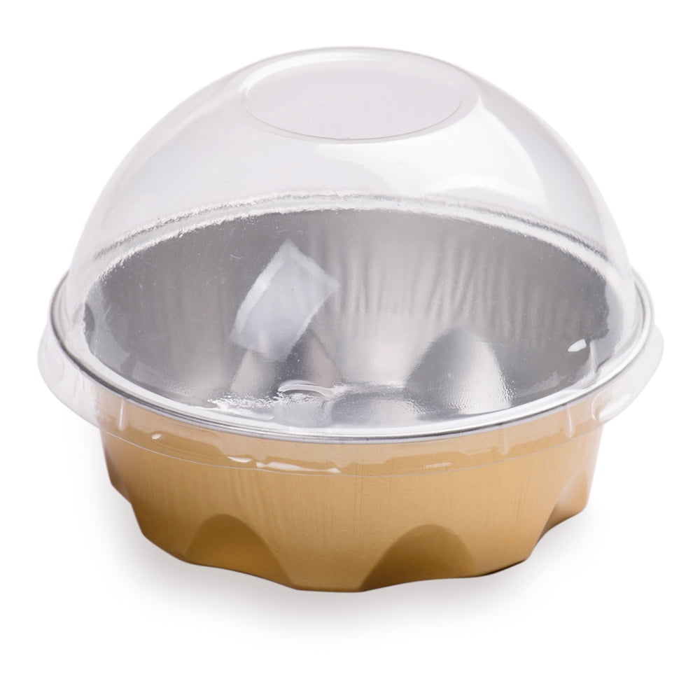 3 oz Round Gold Aluminum Baking Cup with Plastic Dome Lid 3 1/4" x