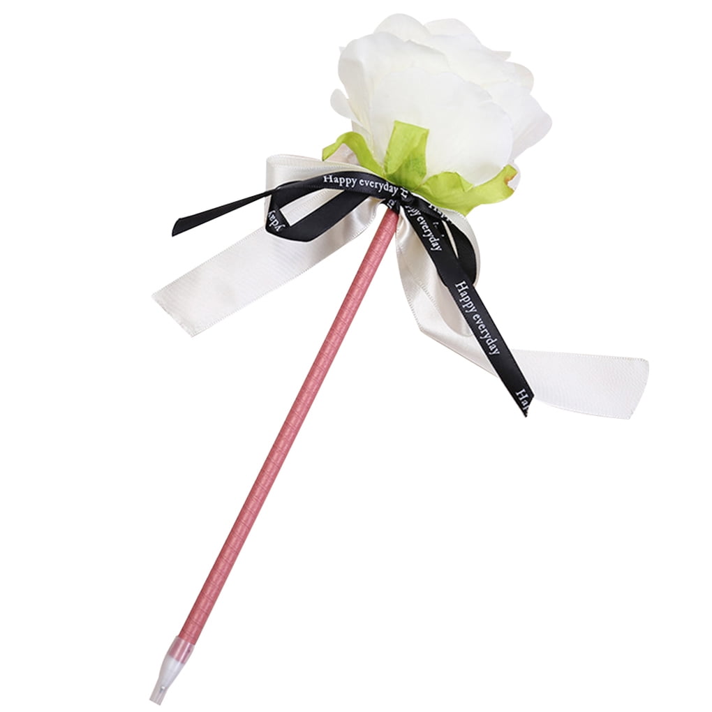 Valentines Day Rose Bowknot Ballpoint Pen Artificial Rose Flowers Writing Wedding Signature Pens, White