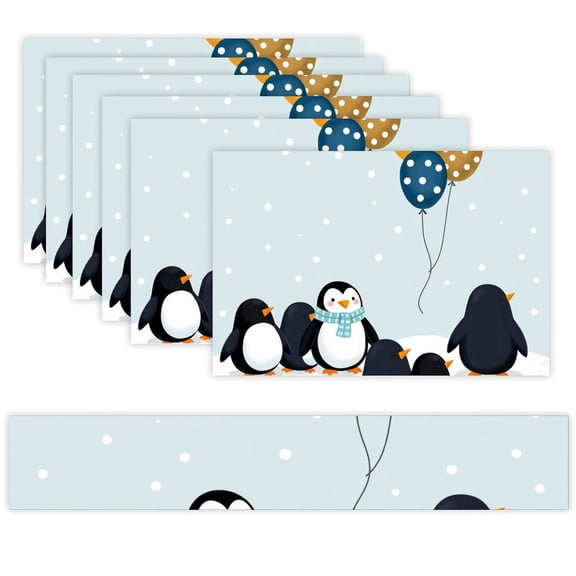 7 Piece Linen Table Runner and Placemats Set, Penguins Balloons Snow Round Corner Heat Resistant Washable Table Mats for Home Kitchen Dining Party Decoration