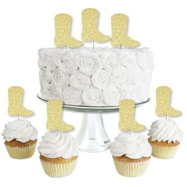 Big Dot of Happiness Gold Glitter Cowboy Boot - No-Mess Real Gold Glitter Dessert Cupcake Toppers - Western Party Clear Treat Picks - Set of 24