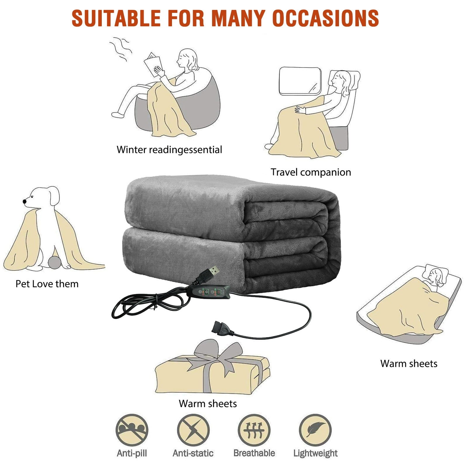 Heated Shawl Blanket Cozival Usb Heated Shawl Blanket - 76X150Cm Thickened Wrap with 3 Temperature Settings, Multi-Functional Shoulder & Body Warmer for Office, Home & Travel, Usb Body Warmer, Grey