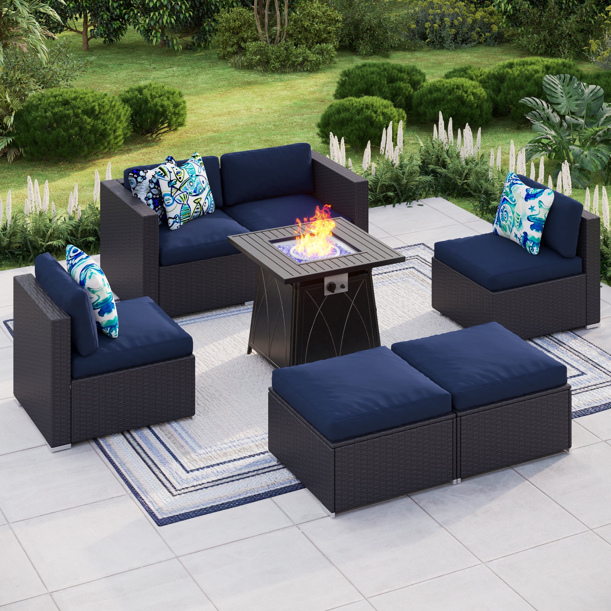 MF Studio 7 Piece 28' Gas Fire Pit Table Set, Outdoor Rattan Sectional Sofa Sets with 50000 BTU Gas Fire Pit Table, CAS Certified