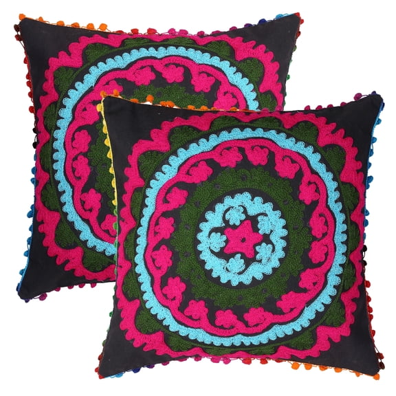 Stylo Culture Ethnic Couch Throw Pillow Covers 16x16 Embroidered Suzani Black Pink Stylish 40x40 cm Pom Pom Lace Cotton Floral Square Cushion Covers | Set Of 2