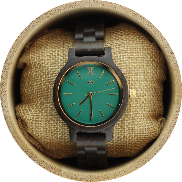 Angie Wood Creations Montre pour Femme en Bois de Santal Noir avec Cadran Vert Émeraude