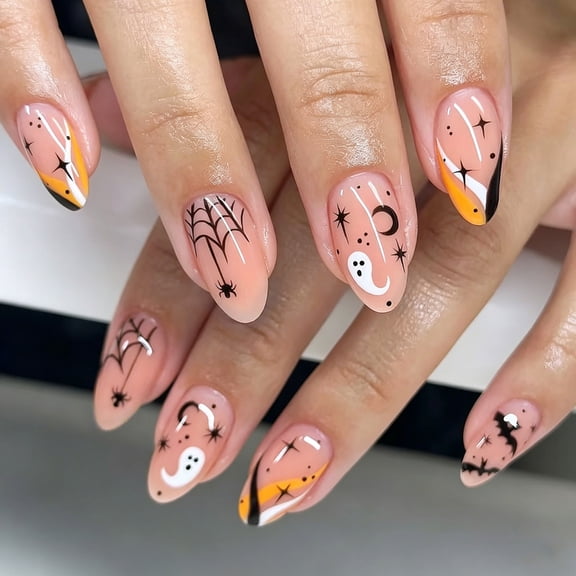 Halloween Press On Nail Manicure Nail Set Almond French Tip Bat Web Art