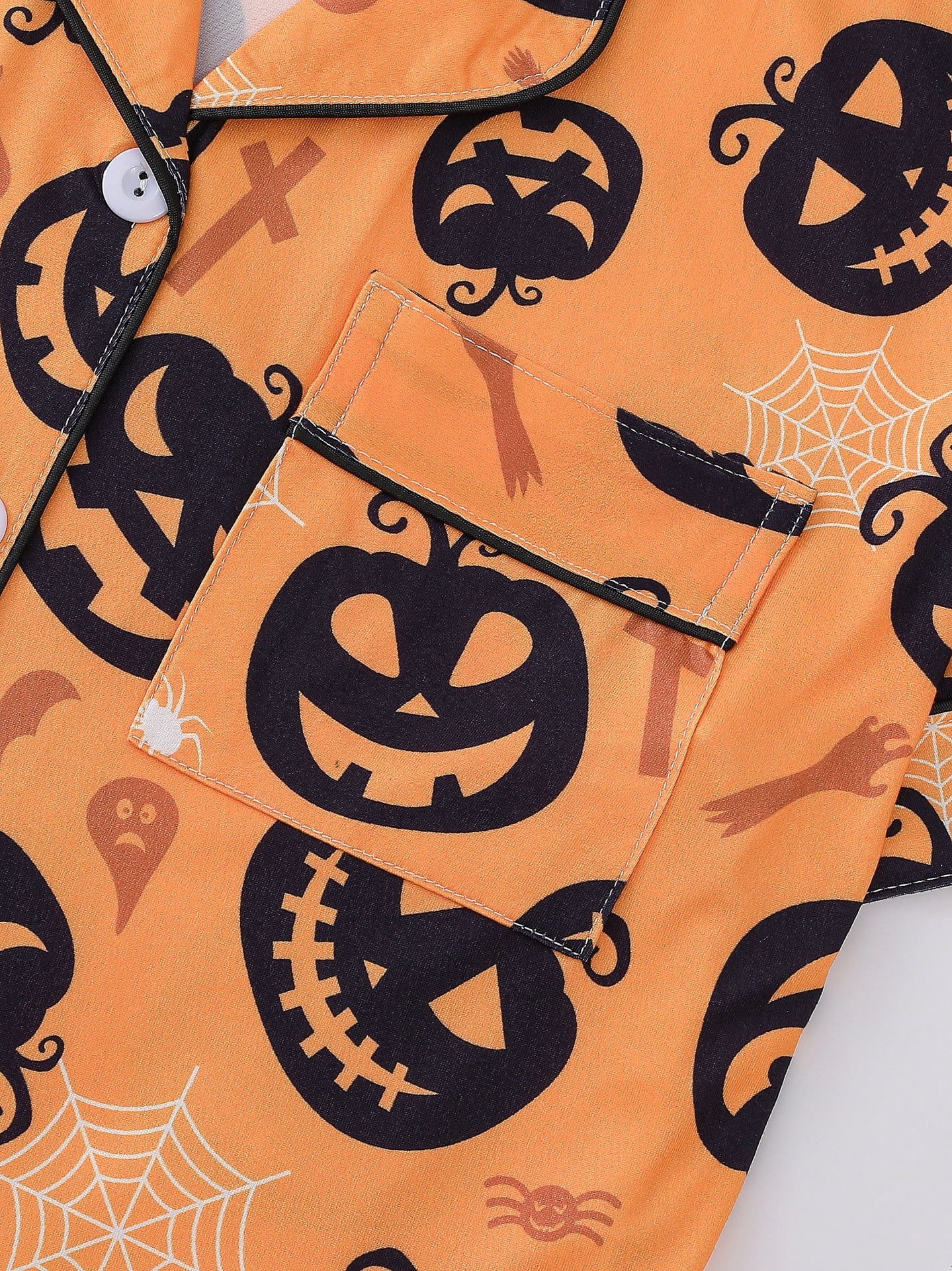 Emy Dola Women Halloween Silk Pajamas Sets 2 Piece Button-Down Satin Sleepwear Ghost Pumpkin Skull Print Short Sleeve Loungewear S-2XL