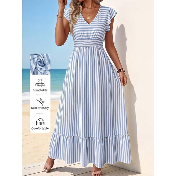 Blue And White Striped V-Neck Cinched Waist Maxi Shirt Dress With Ruffle Sleeves For Summer Casual Wear