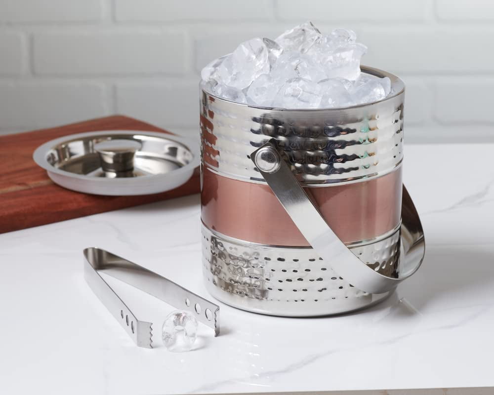 Sol Living Ice Bucket - Double Wall Stainless Steel - Includes Tongs and Lid - Wine & Champagne Holder - For Home, Bars, Commercial Use - Ribbed Finish - Hammered Copper, 1.6 Qt.