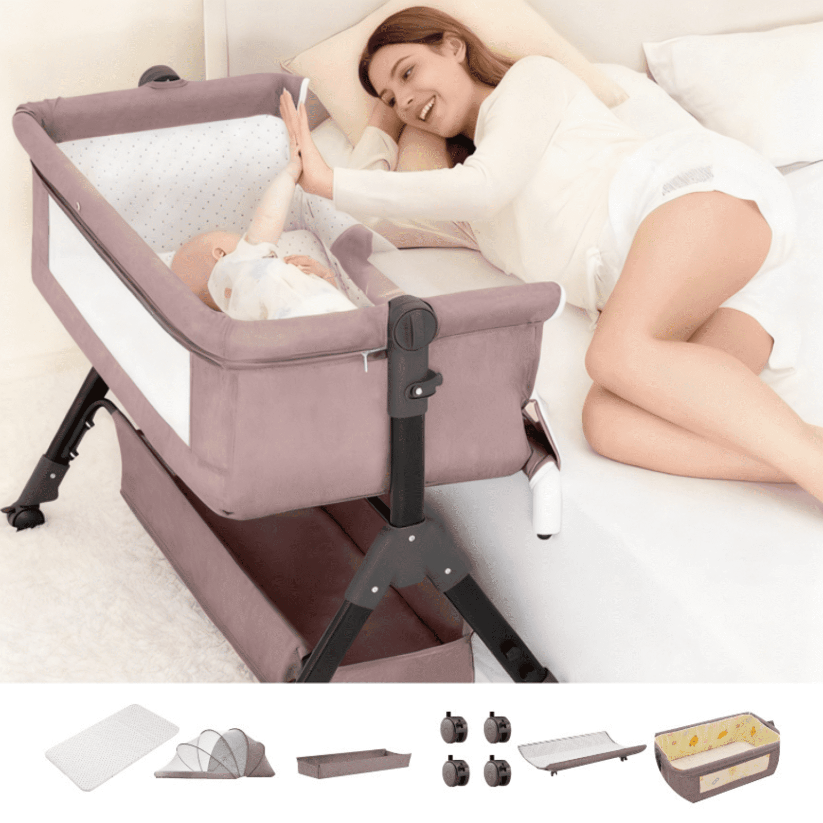 Baby Bedside Bassinet, Portable Rocking Crib ,5-in-1 Lightweight Travel Sleeper with Easy Fold , for Babies & Toddlers (KHAKI)