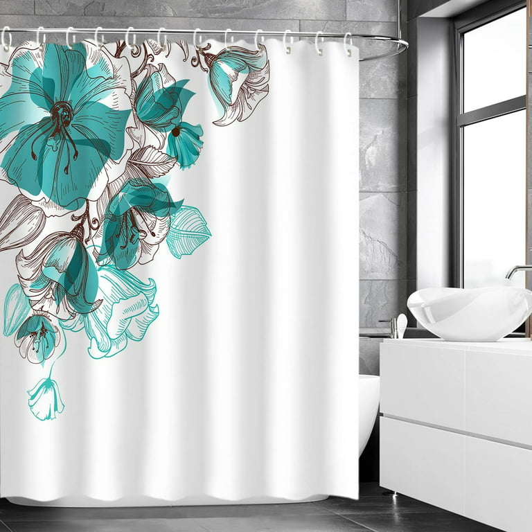 Joocar Teal Joocar Aqua Shower Curtain Blue Floral Shower Curtain Set with 12 Hooks Turquoise Flower Elegant Simple Gray and Teal Bathroom Decor, 72