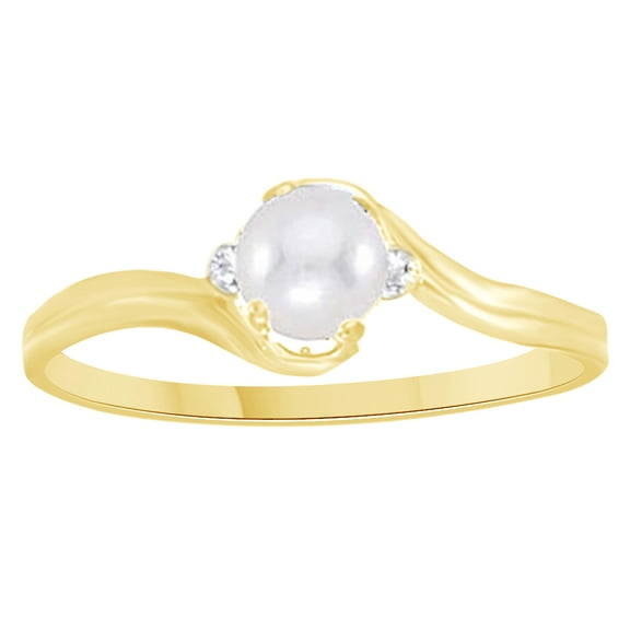 AFFY Freshwater Culture Pearl White Diamond Solitaire Engagement Ring In 14K Solid Yellow Gold