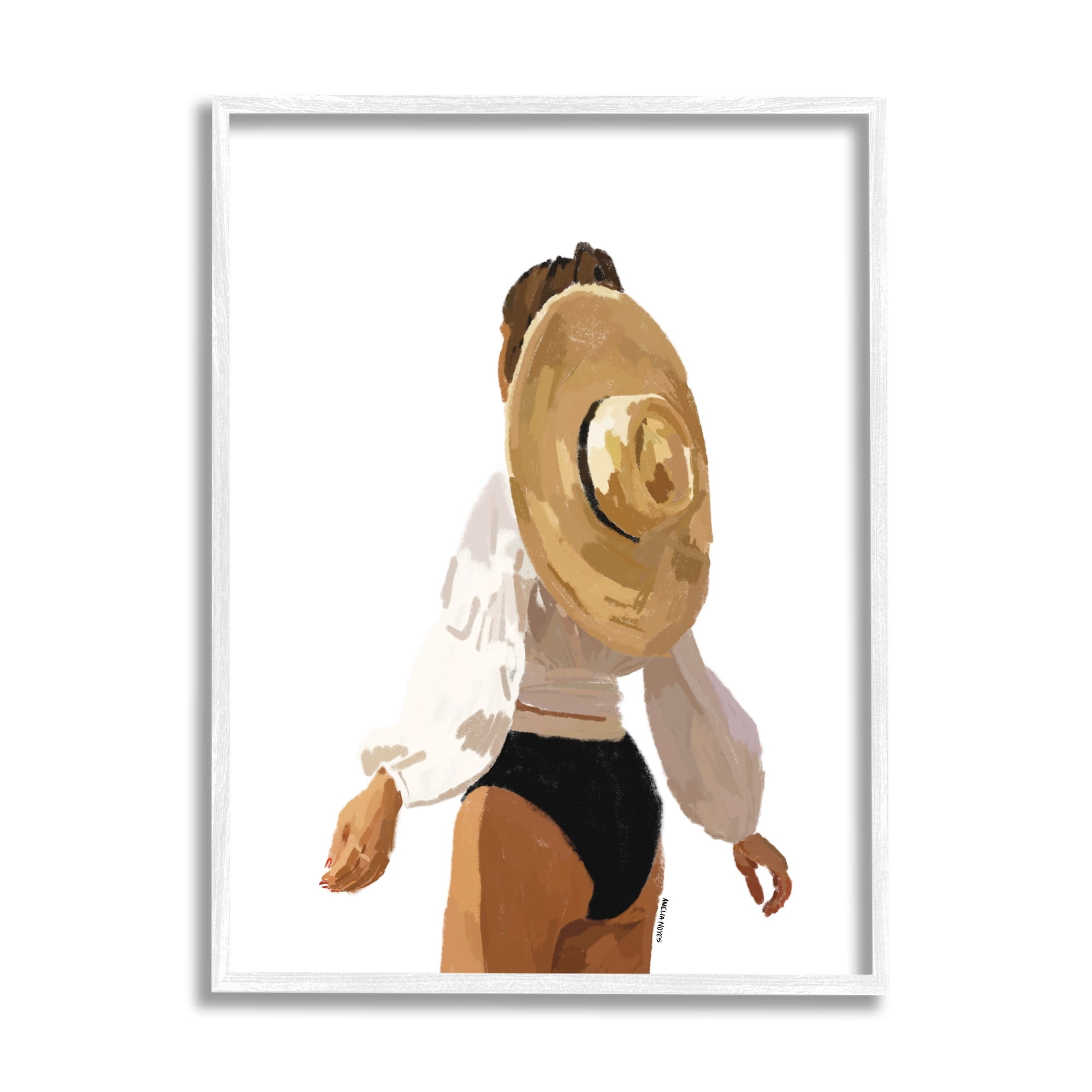 Stupell Industries Woman Draped Sun Hat Tropical Summer Vacation Graphic Art White Framed Art Print Wall Art, Design by Amelia Noyes
